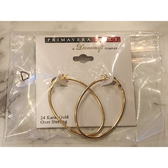 24 Karat Gold Over Sterling Oval Hoop Earrings Primavera Italy Dancecraft Co. - Picture 2 of 6